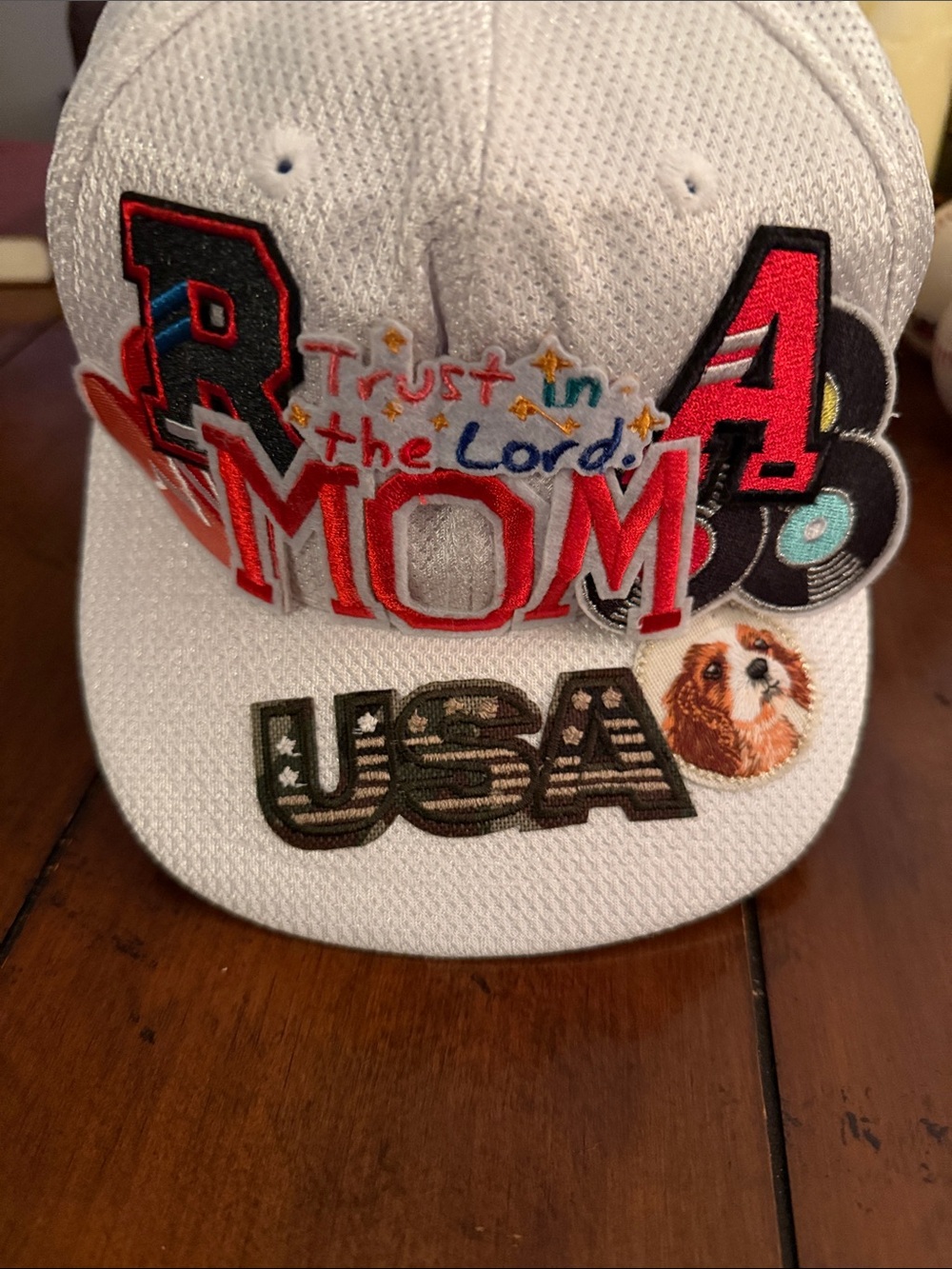 Kids White 'MOM' Patch Cap with USA & Dog Accent